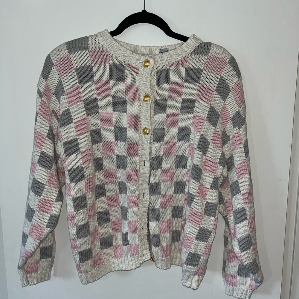 Vintage Pink and Gray Checkered Cardigan Sweater